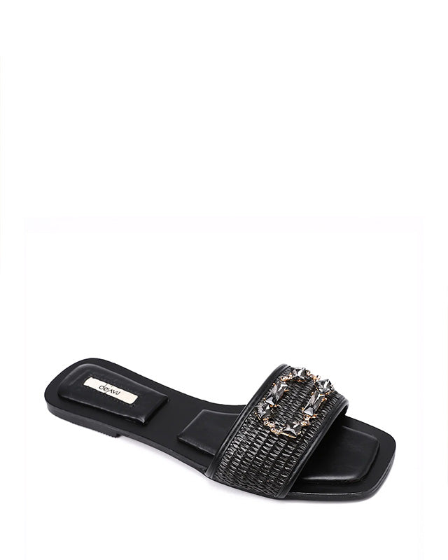 FAN-DJTF-019 Stined Buckle Slip On Straw Slippers