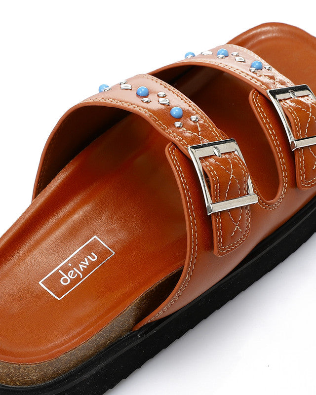JAL-DJTV-013 Double Buckled Straps Studded Slipper