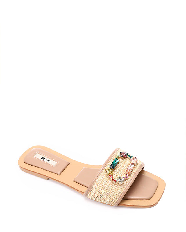 FAN-DJTF-019 Stined Buckle Slip On Straw Slippers