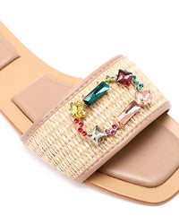 FAN-DJTF-019 Stined Buckle Slip On Straw Slippers