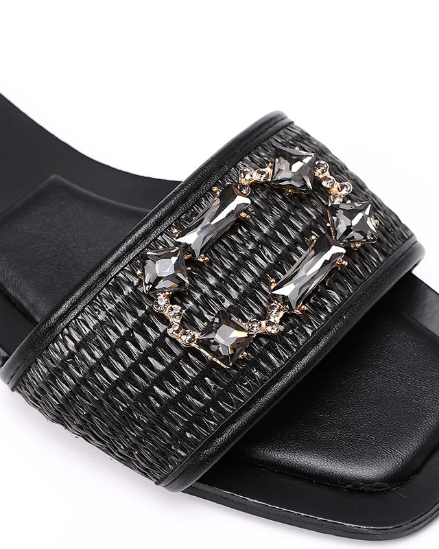 FAN-DJTF-019 Stined Buckle Slip On Straw Slippers