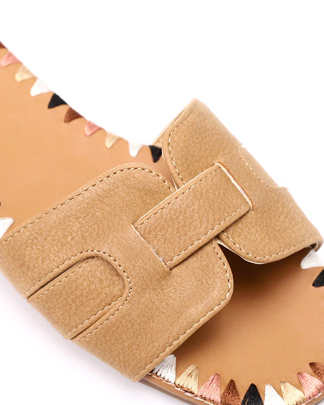 FAN-DJTF-022 Textured Leather Slip On Camel Women Slippers