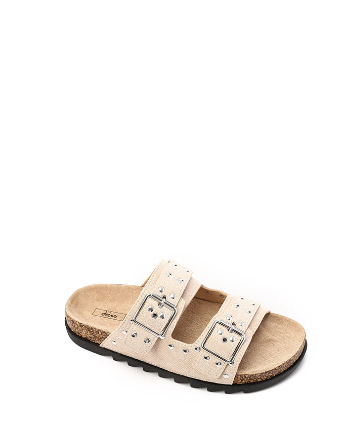 KND-DJTF-019 Ivory Studs Straps Flat Slippers