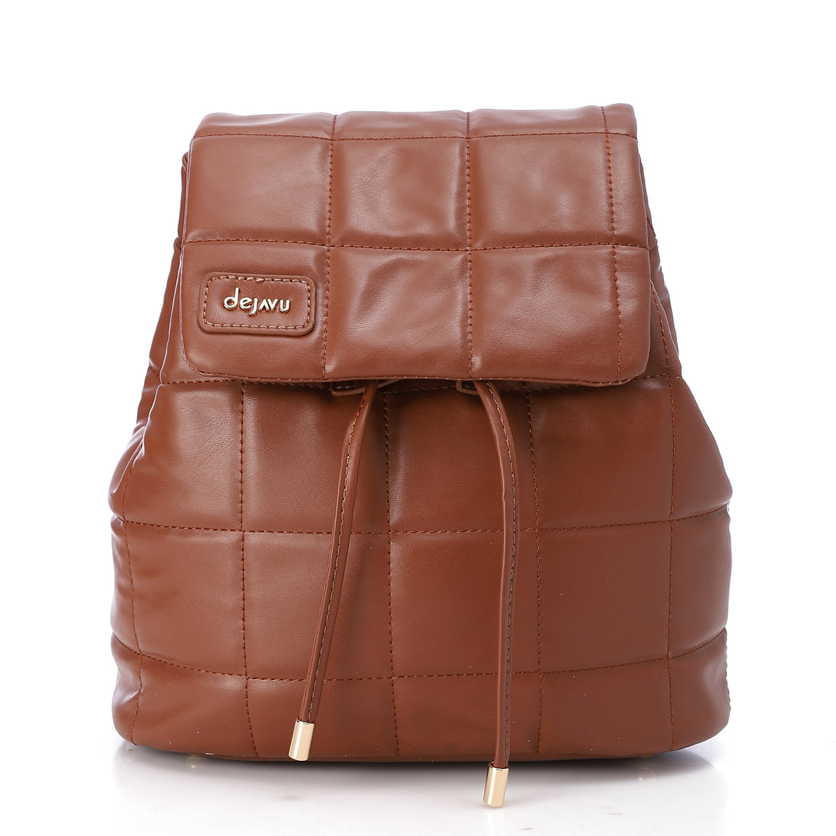 A brown quilted faux-leather backpack with a drawstring flap and a small 'dejavu' brand patch on the front, set against a plain white background.