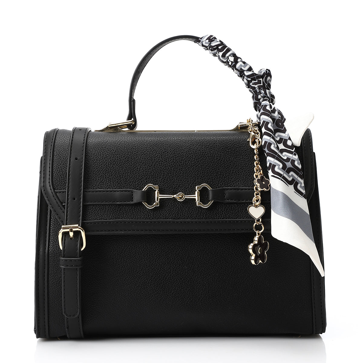 Black handbag with gold accents and a zebra-striped strap on a white background