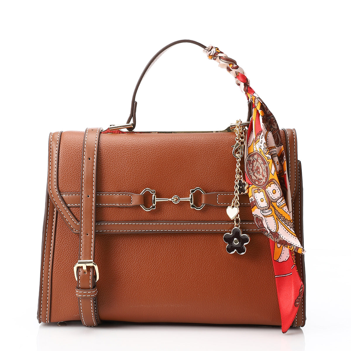 Brown leather handbag with a colorful scarf draped over the handle on a white background