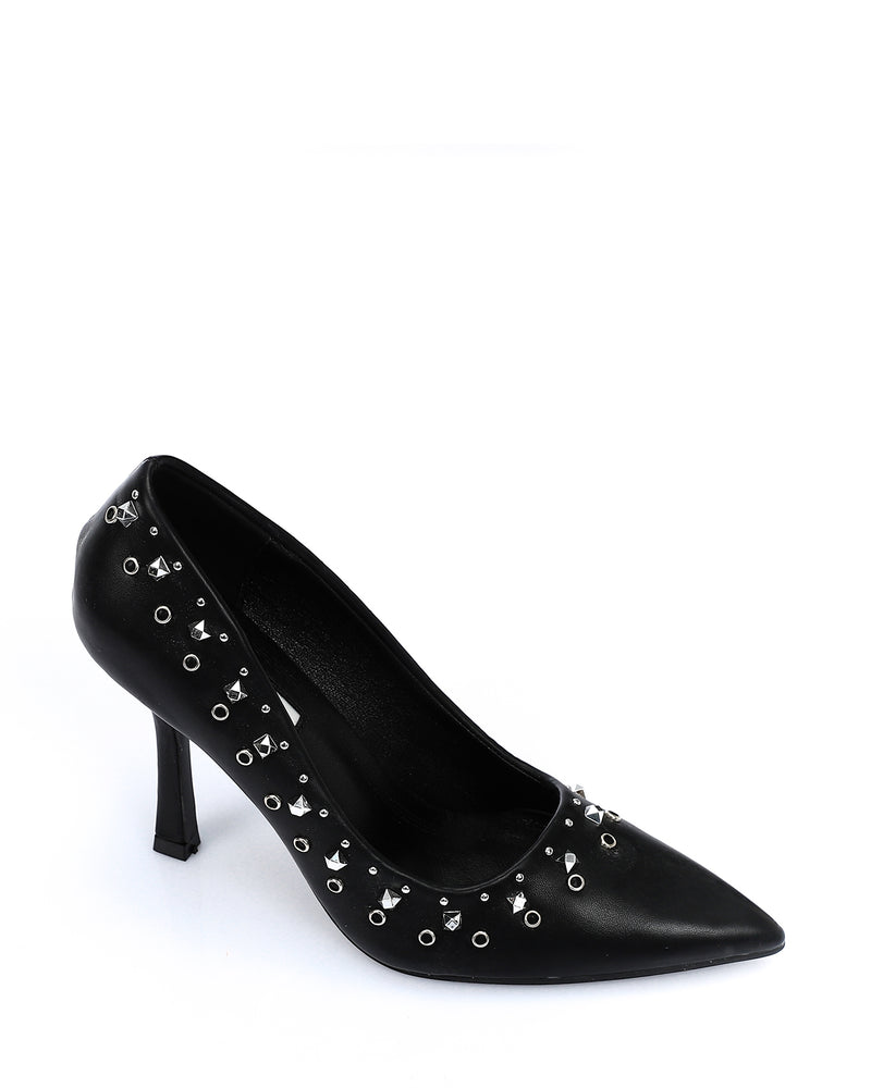 JAL-DVTV-018 Black Leather Heeled Stilettos With Studs