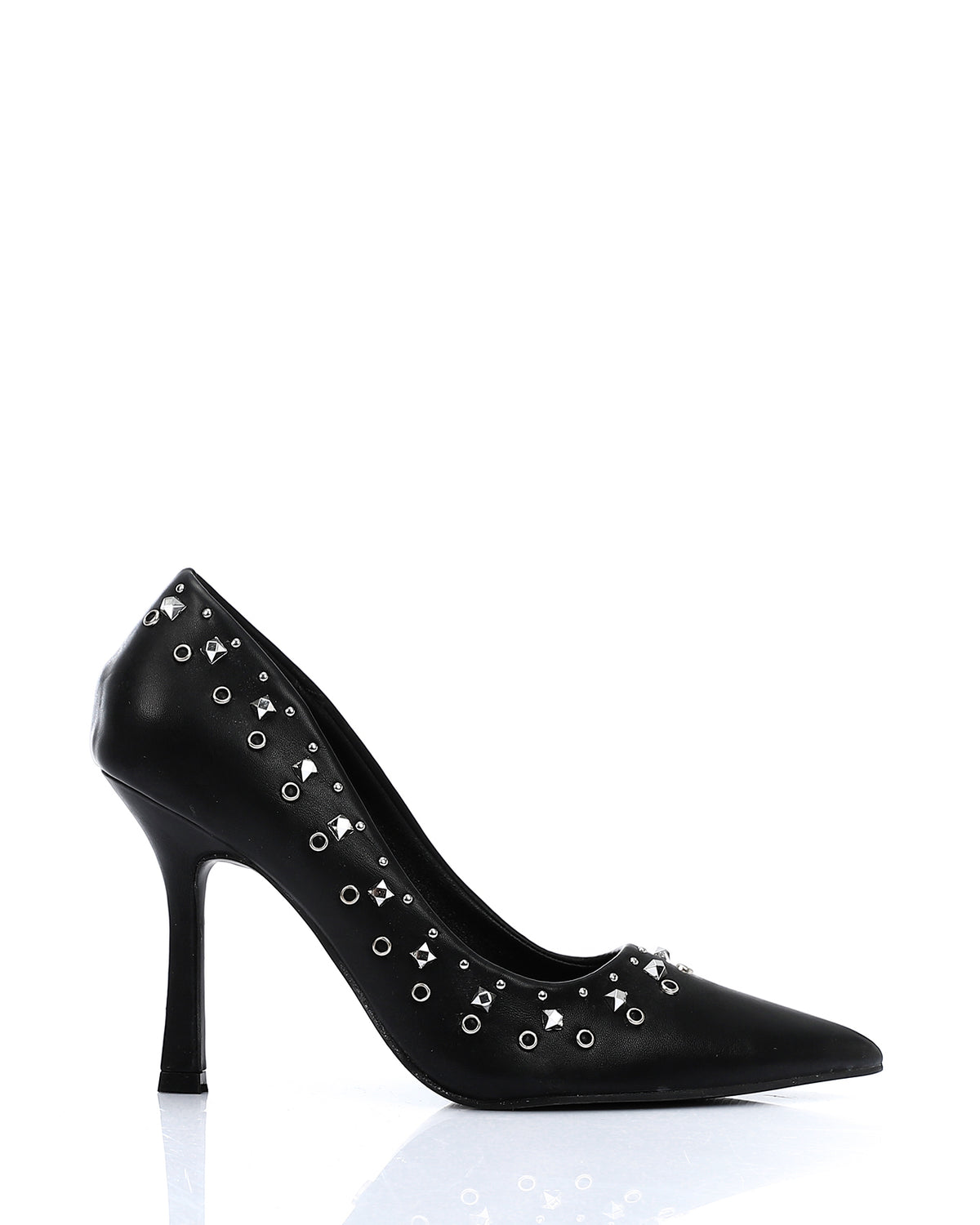 JAL-DVTV-018 Black Leather Heeled Stilettos With Studs