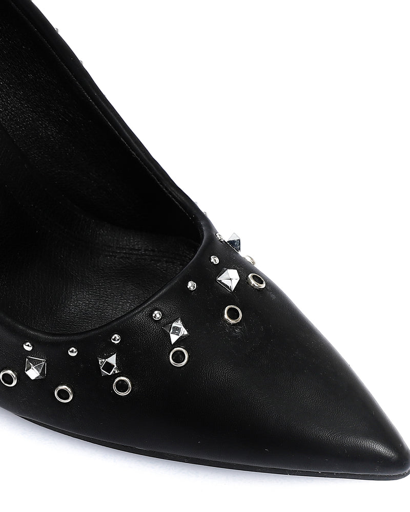 JAL-DVTV-018 Black Leather Heeled Stilettos With Studs