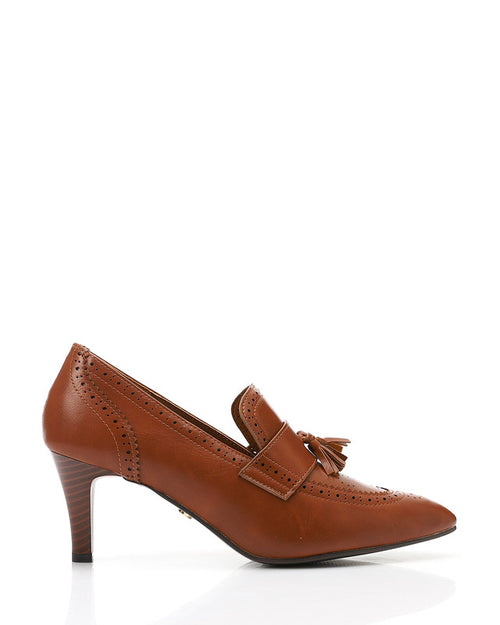 Brown leather shoe with a tassel on a white background