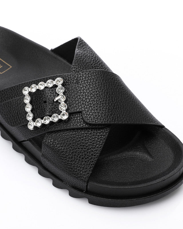 KND-DJTV-006 Cross Leather Belt Black Slipper