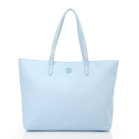 Light blue tote bag with a brand logo on a white background