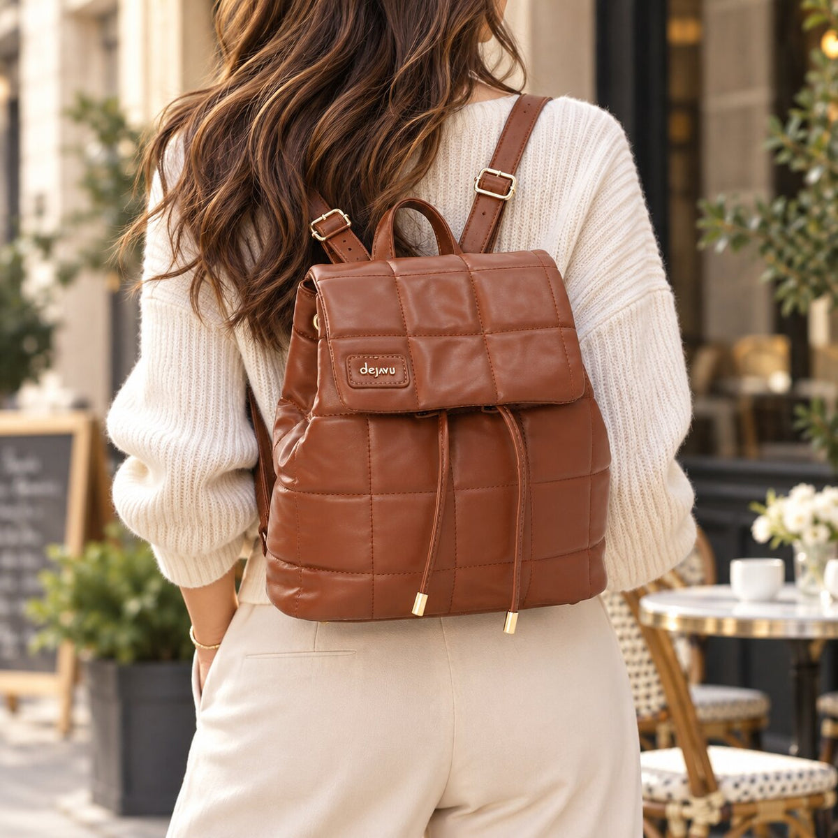 LID-DVTS-036 Leather Quilted Drawstring Backpack