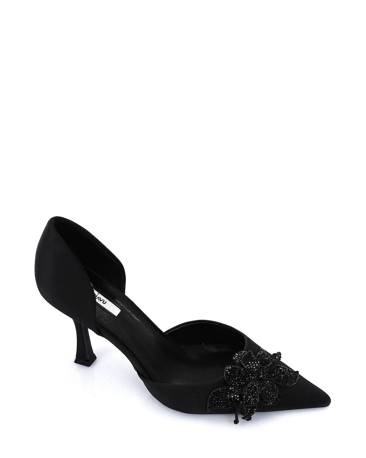 MAS-DVTV-002 Black Suede Heels With Stitched Studded Flower Detail