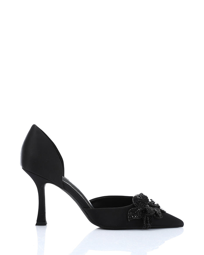 MAS-DVTV-002 Black Suede Heels With Stitched Studded Flower Detail