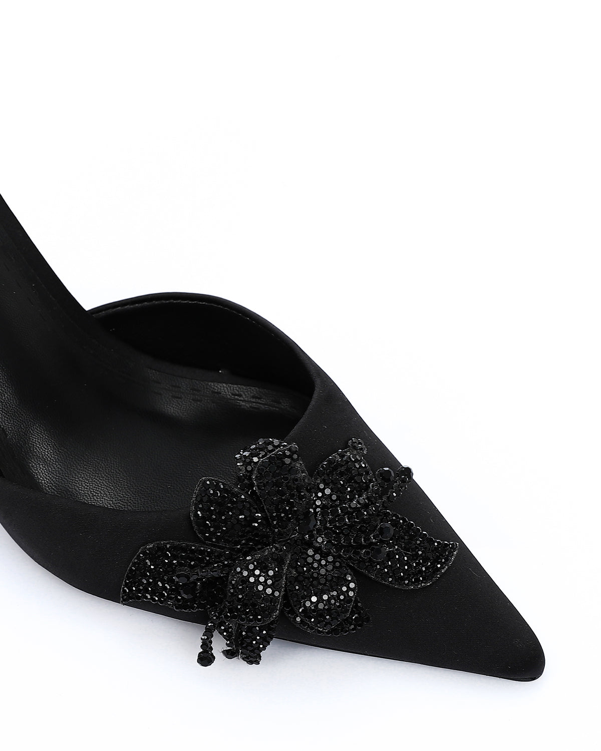 MAS-DVTV-002 Black Suede Heels With Stitched Studded Flower Detail