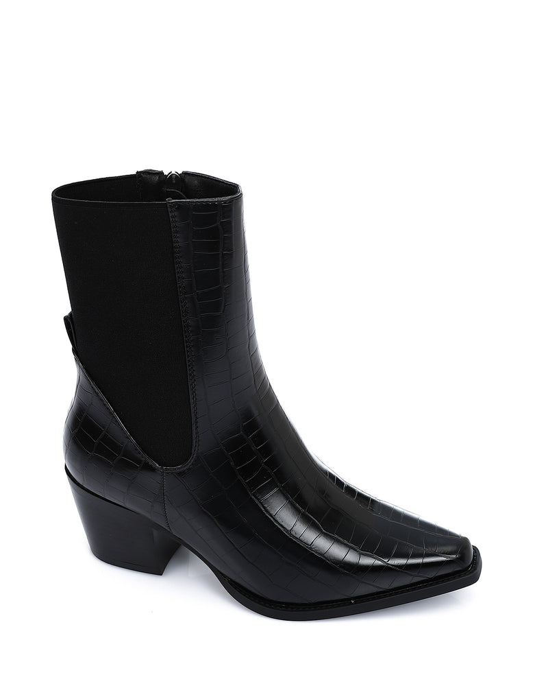 SUN-DVTV-010 Croc-Effect Leather Ankle Boots - Black