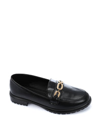 WAH-DVTV-010 Black Faux Leather Loafers With Gold Chain Accent