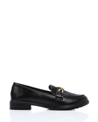 WAH-DVTV-010 Black Faux Leather Loafers With Gold Chain Accent