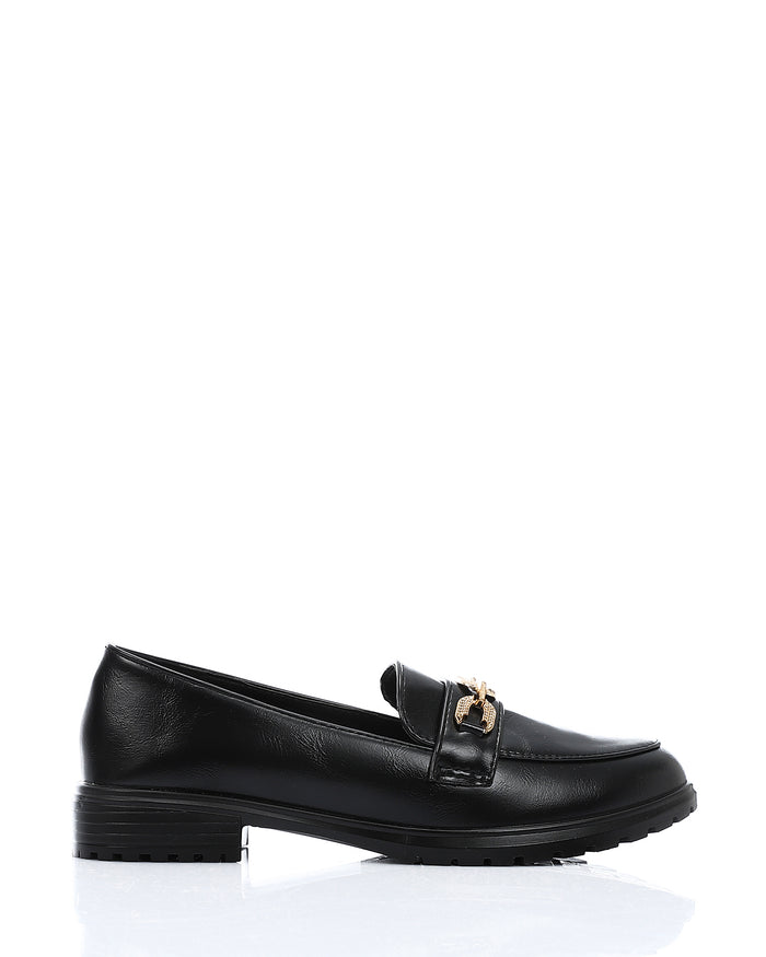 WAH-DVTV-010 Black Faux Leather Loafers With Gold Chain Accent