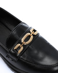 WAH-DVTV-010 Black Faux Leather Loafers With Gold Chain Accent